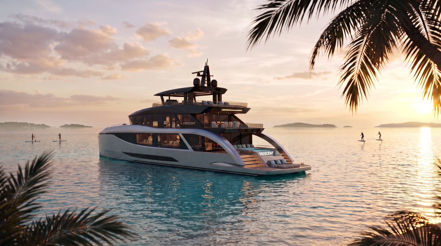 CCY110 REVIVE at anchor in a tropical bay at sunset