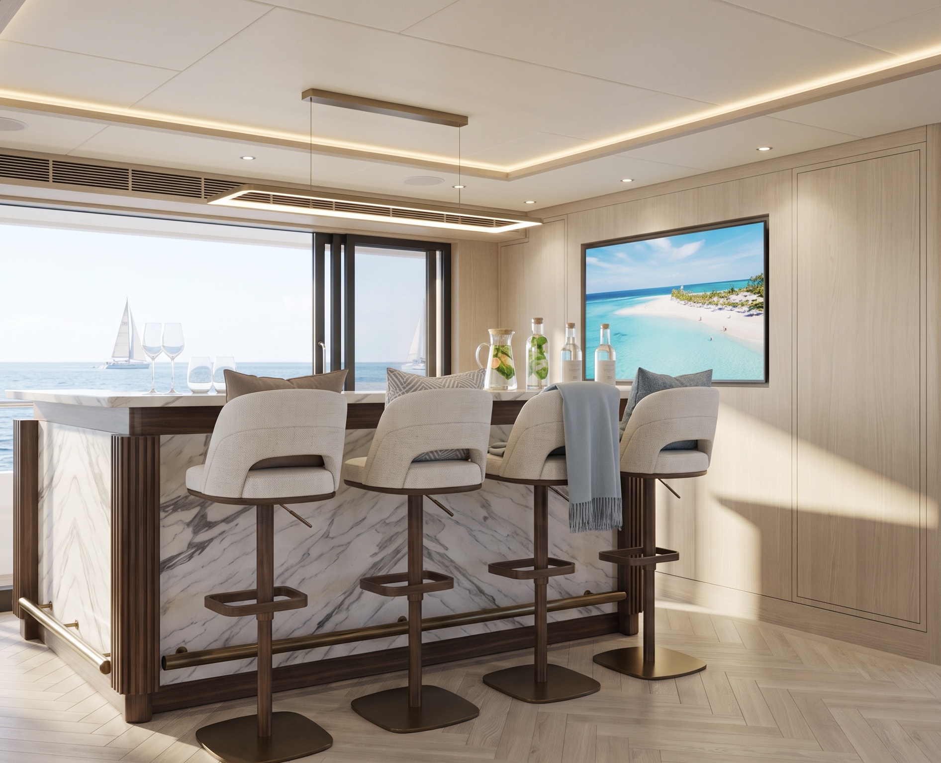 Main deck bar with upholstered stools and ocean views