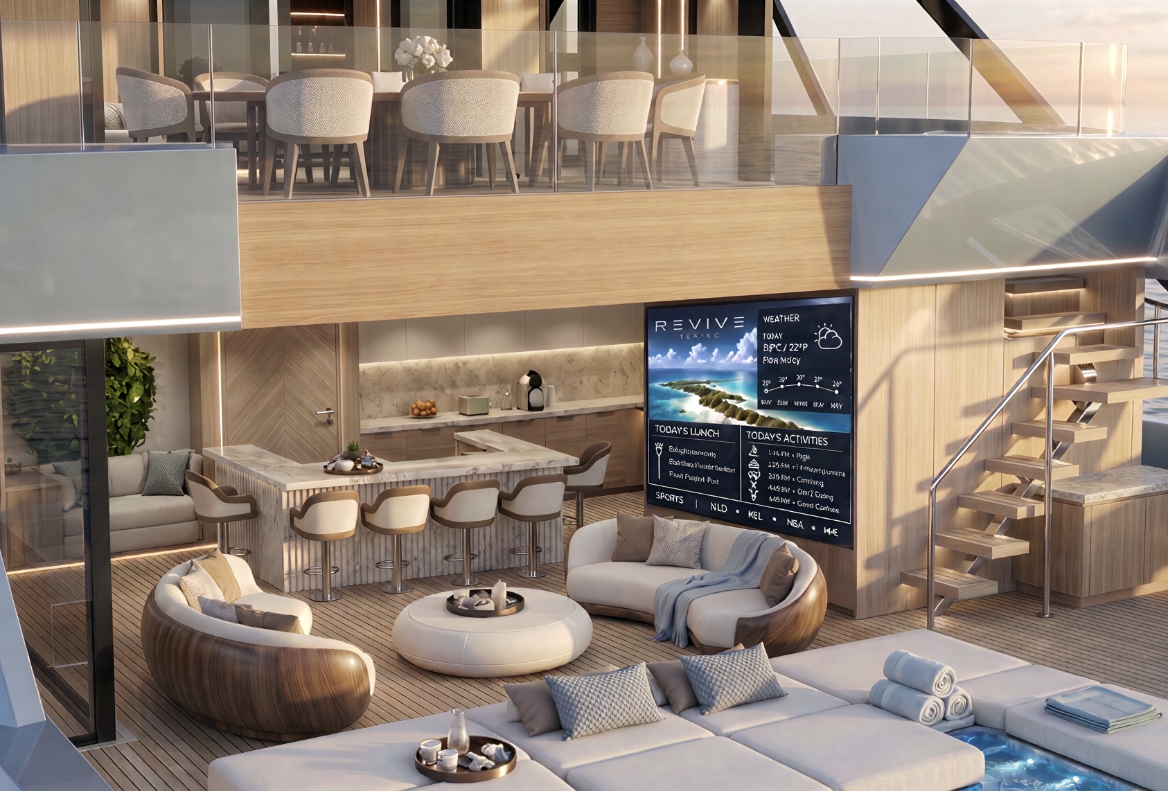 Crescent Beach Club with open-air kitchen, lounge, and lifestyle screen