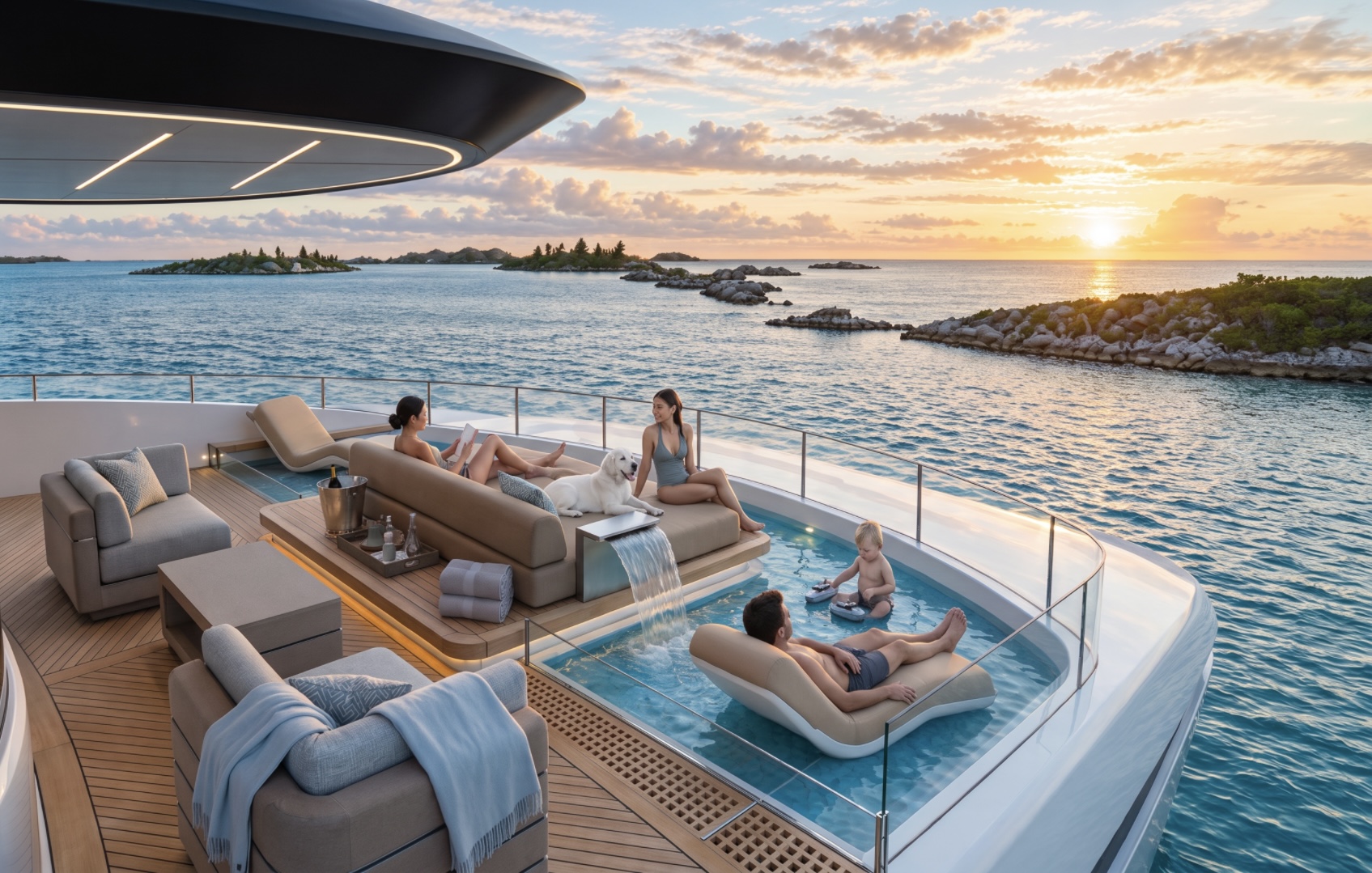 Bridge Deck spa and lounge seating at sunset