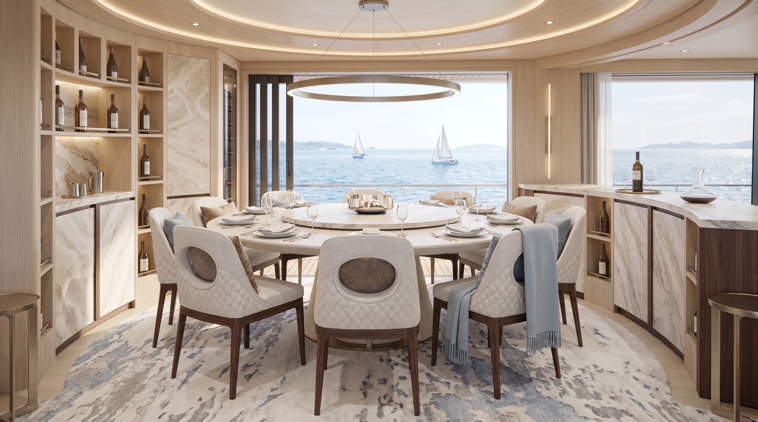 Interior dining room with round table and panoramic glazing