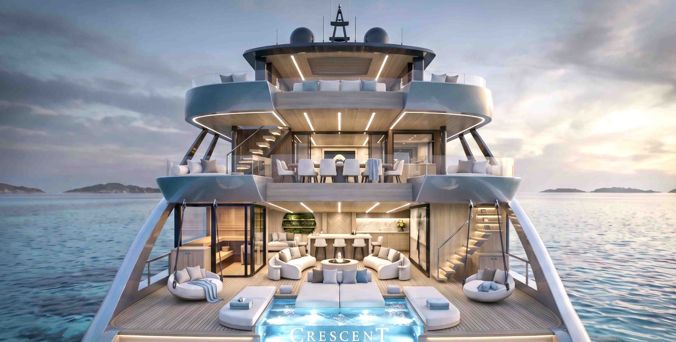 CCY110 REVIVE aft decks and illuminated Beach Club overlooking the sea