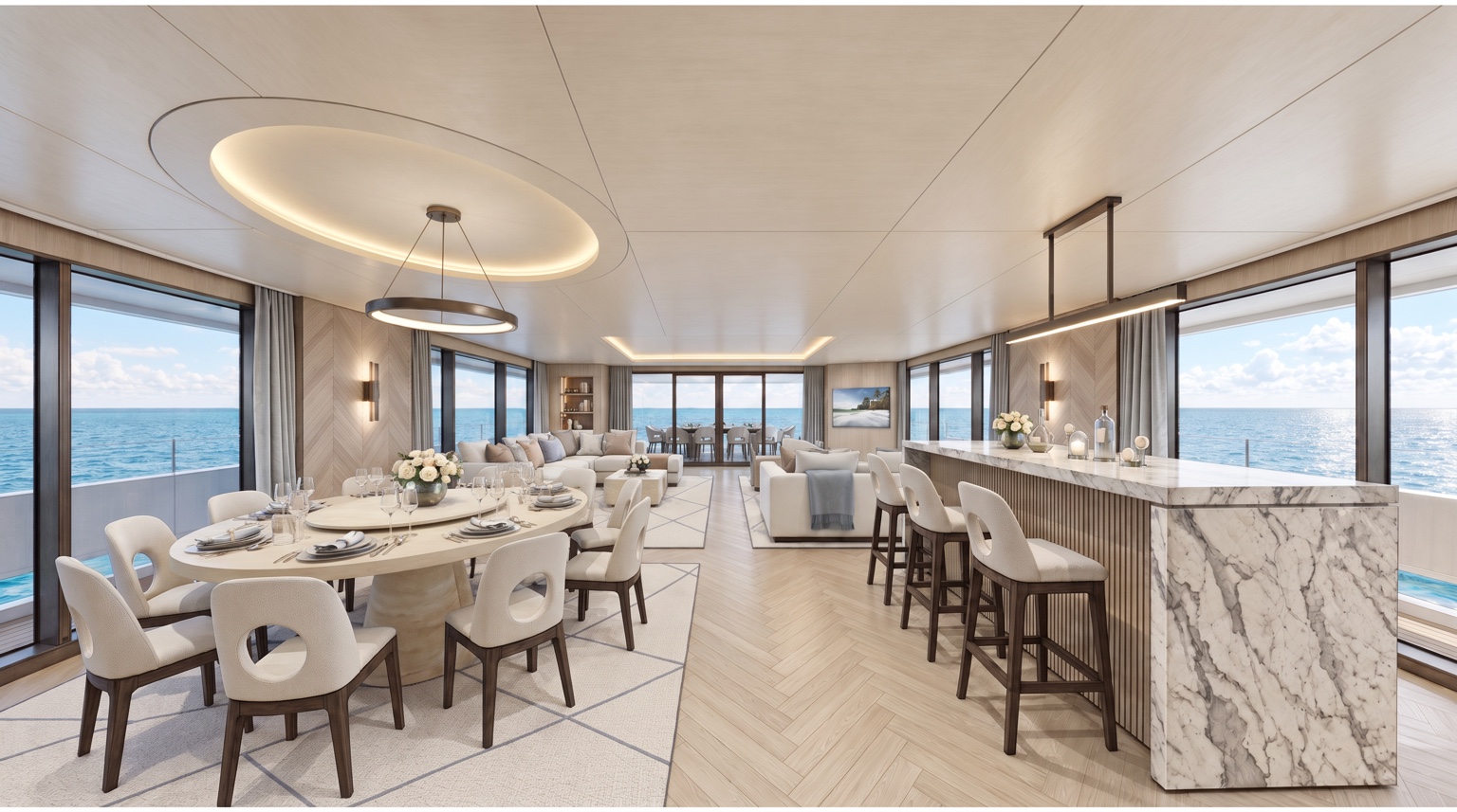 Light-filled main salon with dining area, marble bar, and panoramic ocean views
