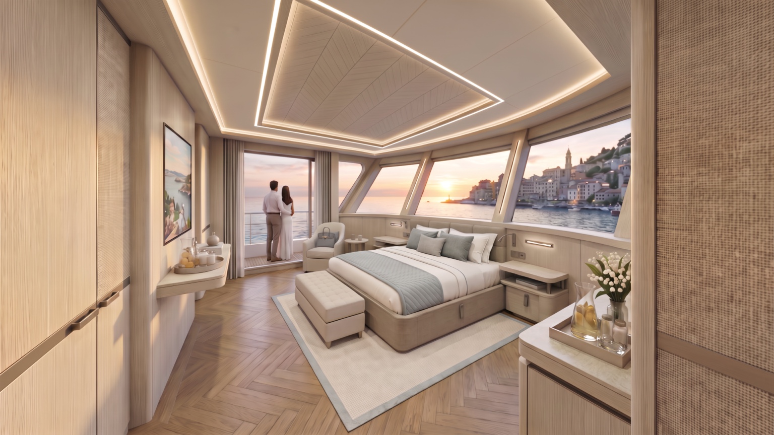 Panoramic owner’s suite with king bed and ocean views